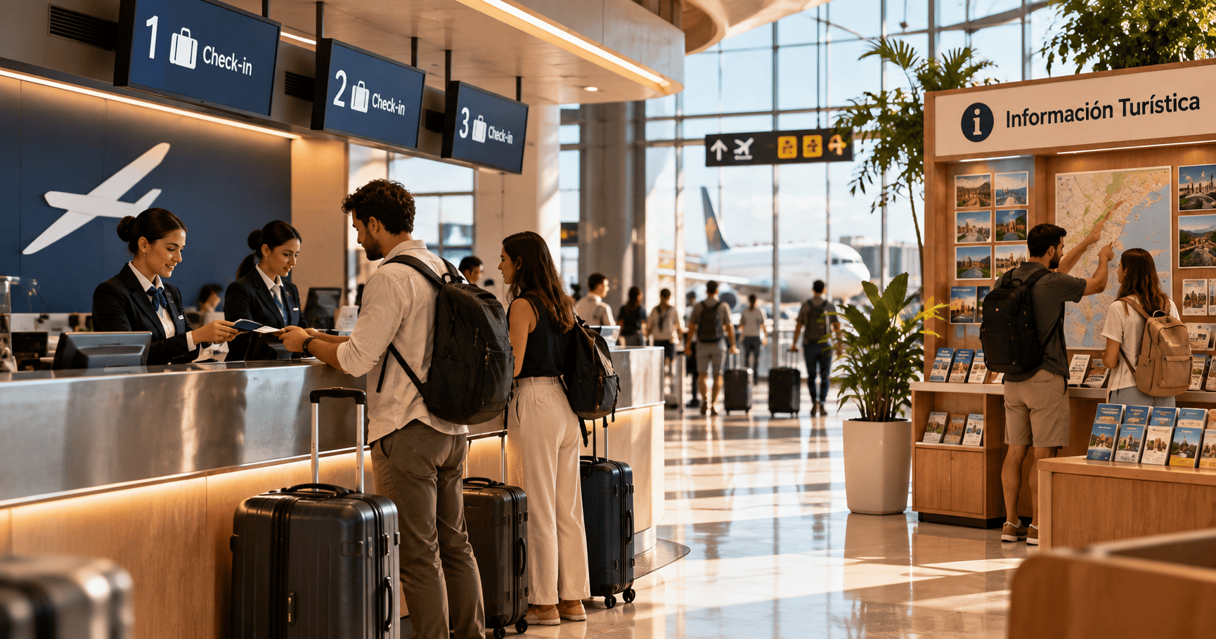 Pasajeros realizan el check-in mientras otros viajeros consultan información turística en un aeropuerto.