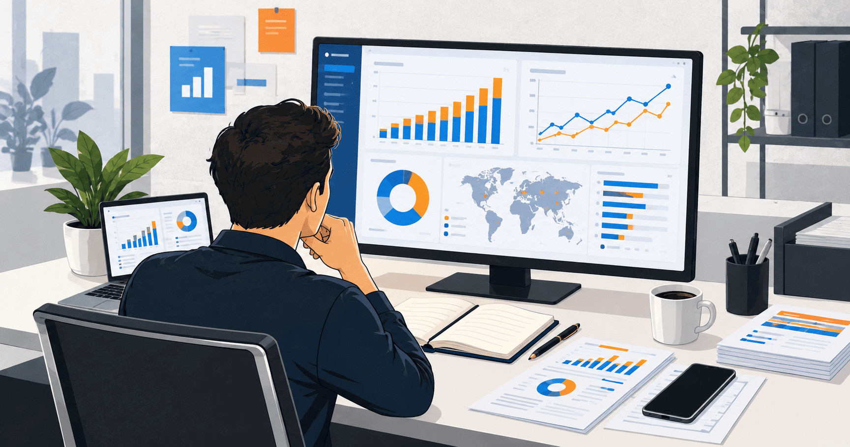 Profesional analizando datos y gráficos en una pantalla grande dentro de una oficina moderna.