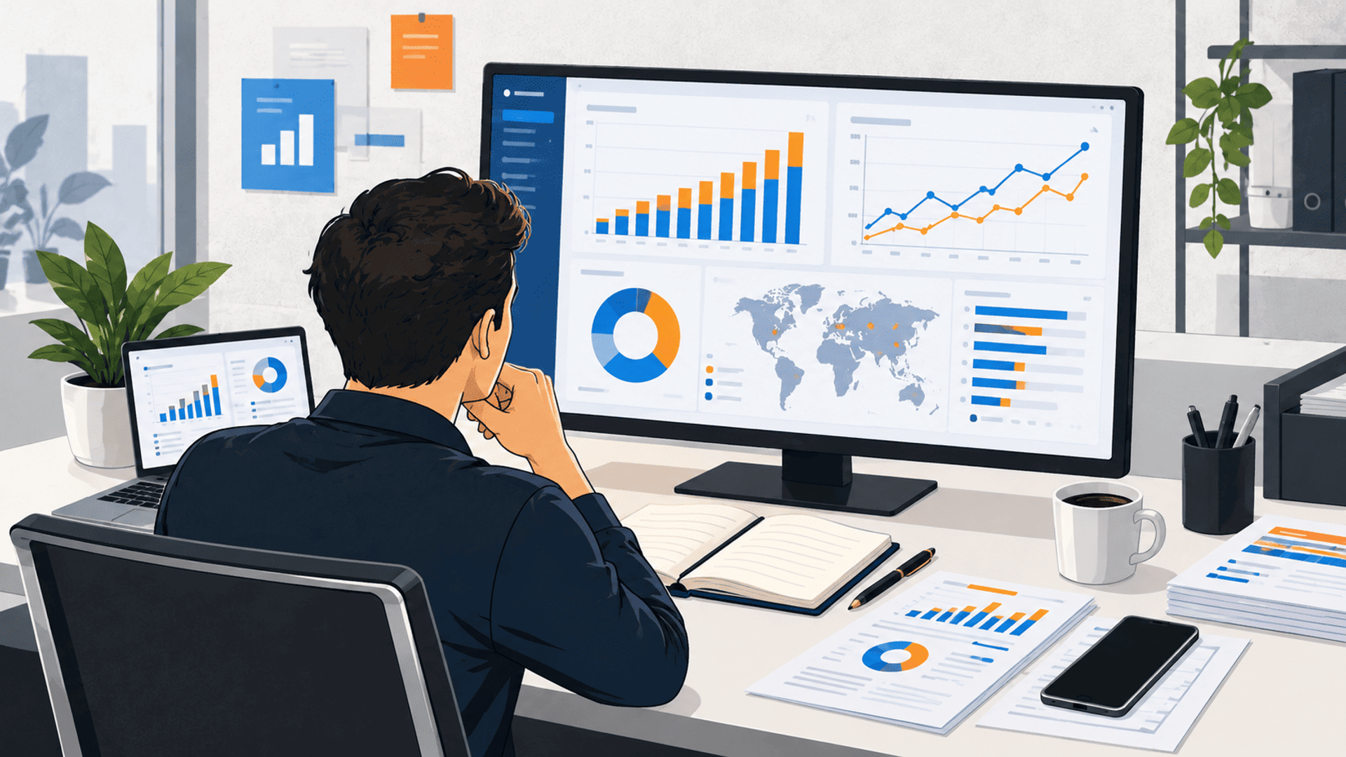 Profesional analizando datos y gráficos en una pantalla grande dentro de una oficina moderna.