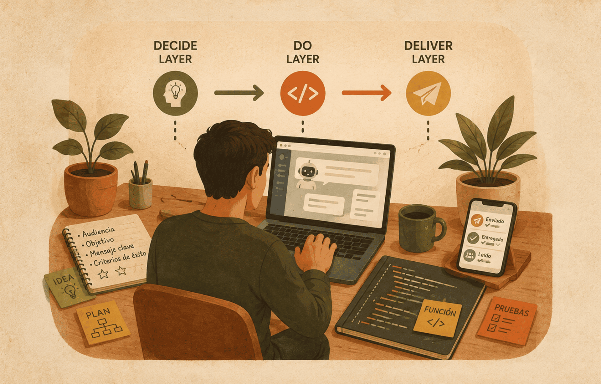 Desarrollador trabajando con inteligencia artificial en un flujo de trabajo dividido en las etapas Decide, Do y Deliver.
