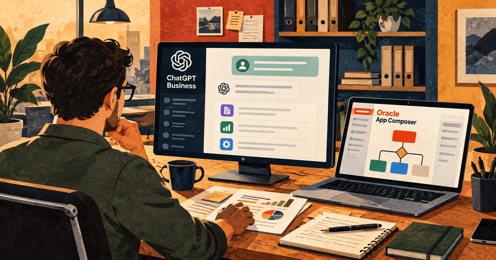 Empleado utiliza ChatGPT Business y Oracle App Composer para gestionar y automatizar procesos empresariales.