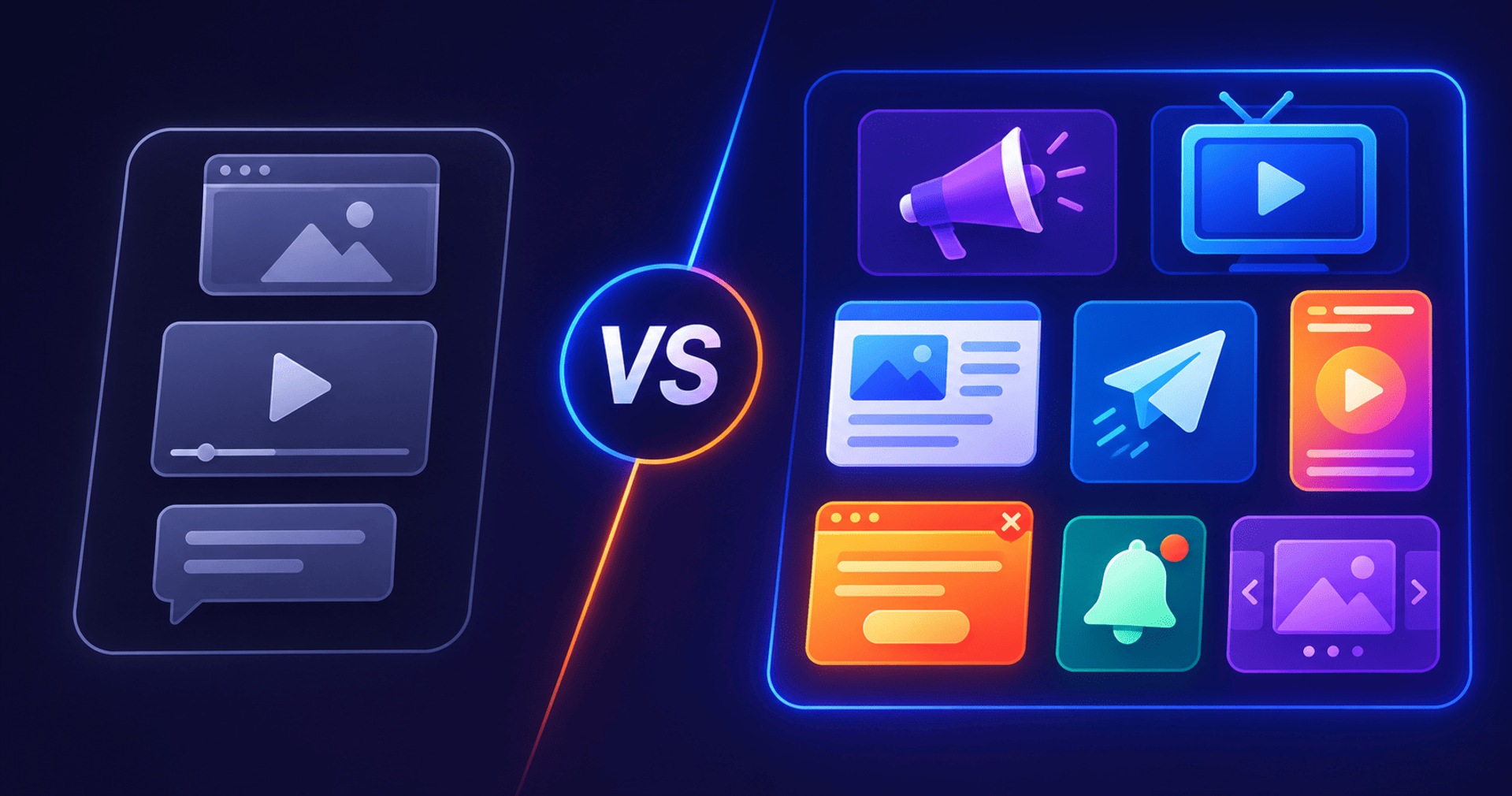 Comparación visual entre formatos publicitarios limitados y múltiples alternativas disponibles para campañas digitales.