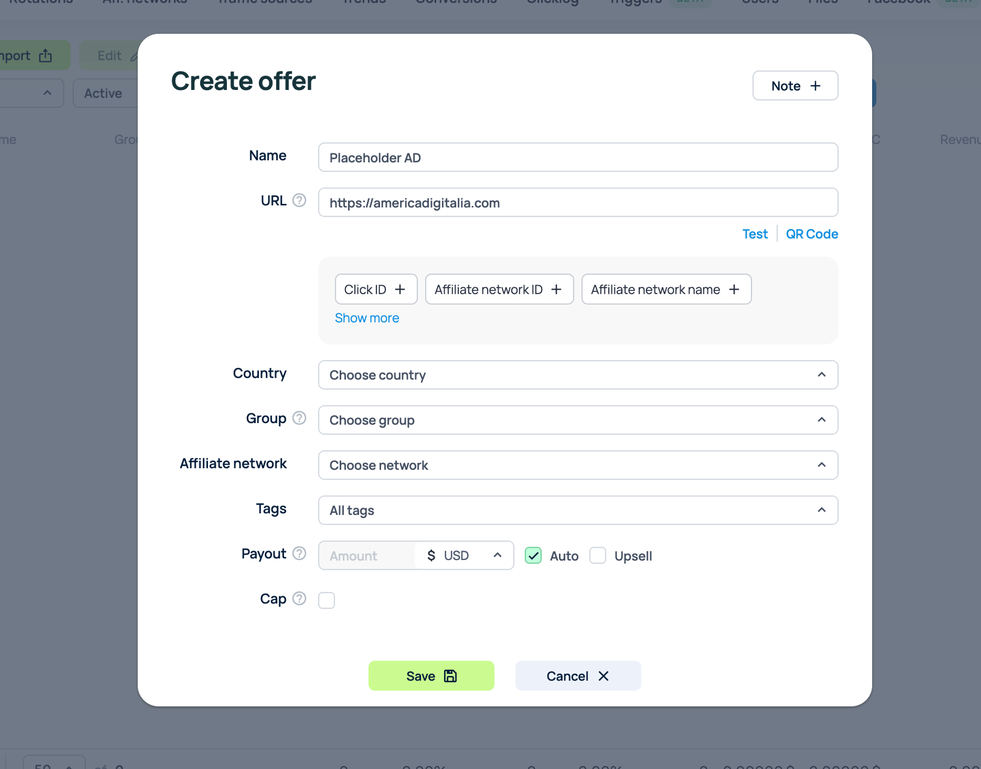 Creación de una oferta en Binom con URL, red de afiliados y configuración de pago.