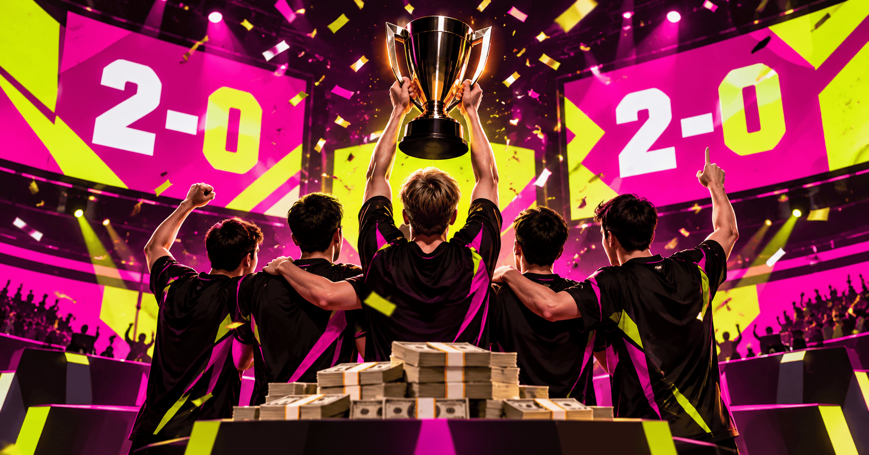 Equipo de esports celebra una victoria 2-0 levantando un trofeo entre confeti y premios.