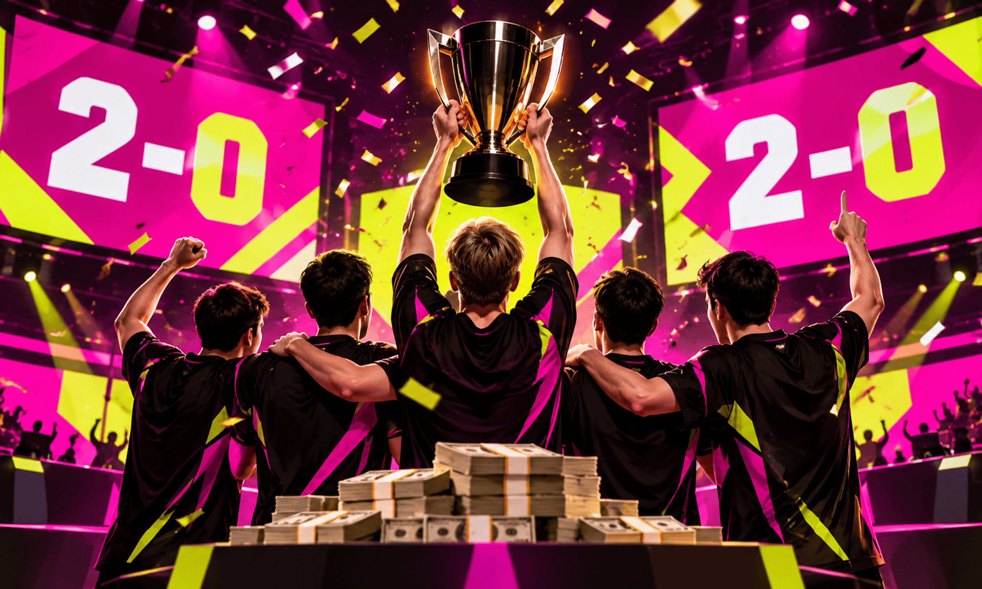 Equipo de esports celebra una victoria 2-0 levantando un trofeo entre confeti y premios.