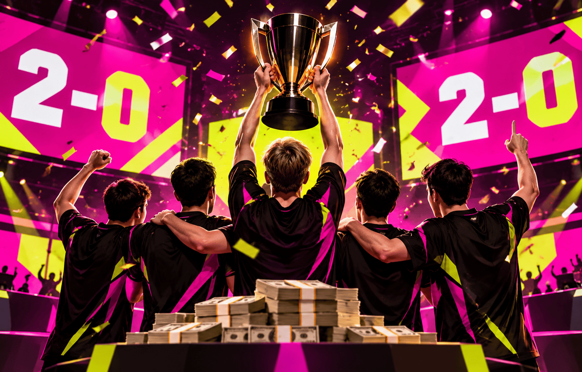 Equipo de esports celebra una victoria 2-0 levantando un trofeo entre confeti y premios.