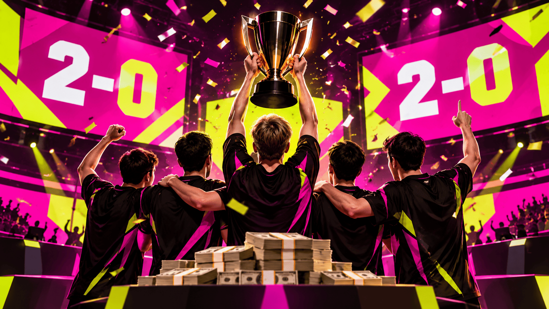 Equipo de esports celebra una victoria 2-0 levantando un trofeo entre confeti y premios.