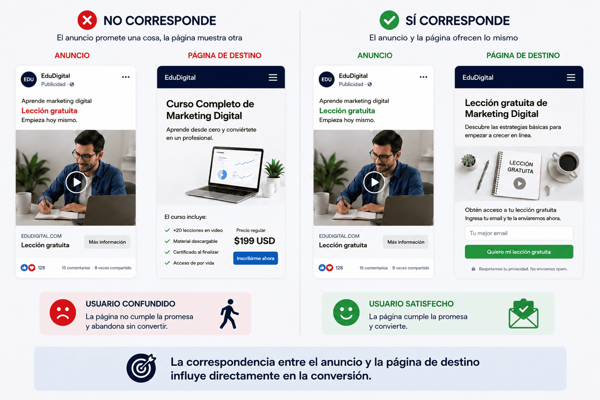 Correspondencia entre anuncio publicitario y página de destino en Facebook Ads