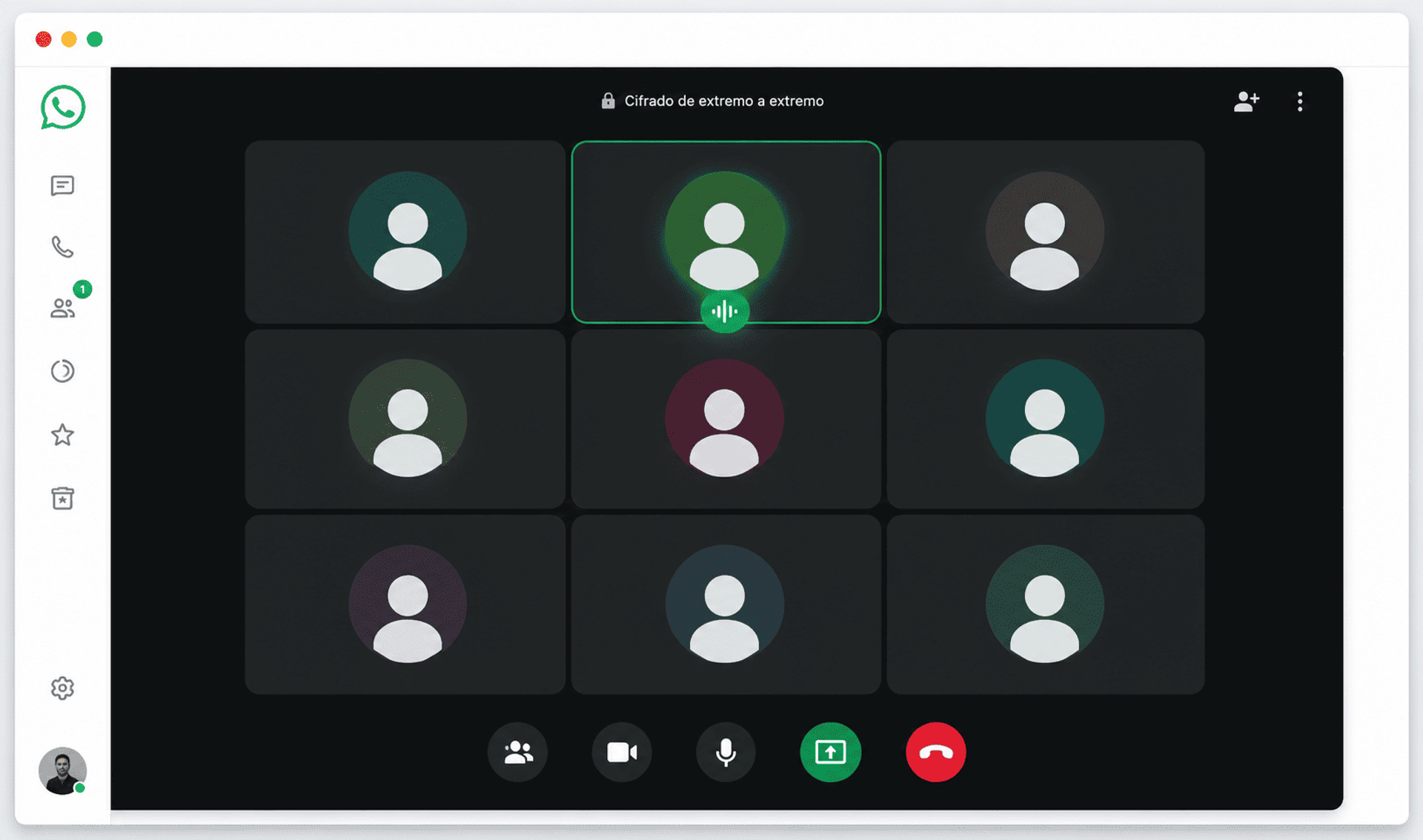 Interfaz de videollamada grupal en WhatsApp Web con participante activo y cifrado de extremo a extremo.