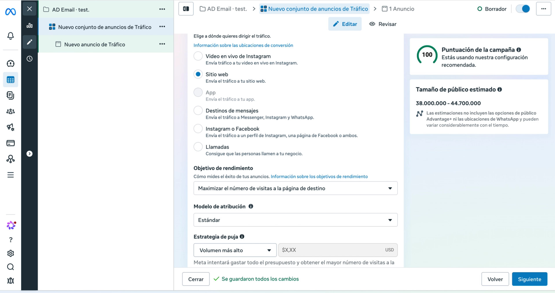 Meta, conjunto de anuncios: «Ubicación de la conversión» en «Sitio web», objetivo «Maximizar el número de visitas a la página de destino», atribución «Estándar» y puja «Volumen más alto».