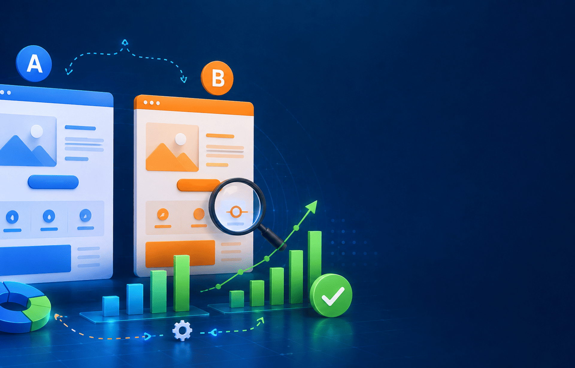 Ilustración de pruebas A/B con dos páginas de destino, gráficos de optimización, análisis de conversiones y una lupa evaluando el mejor diseño.