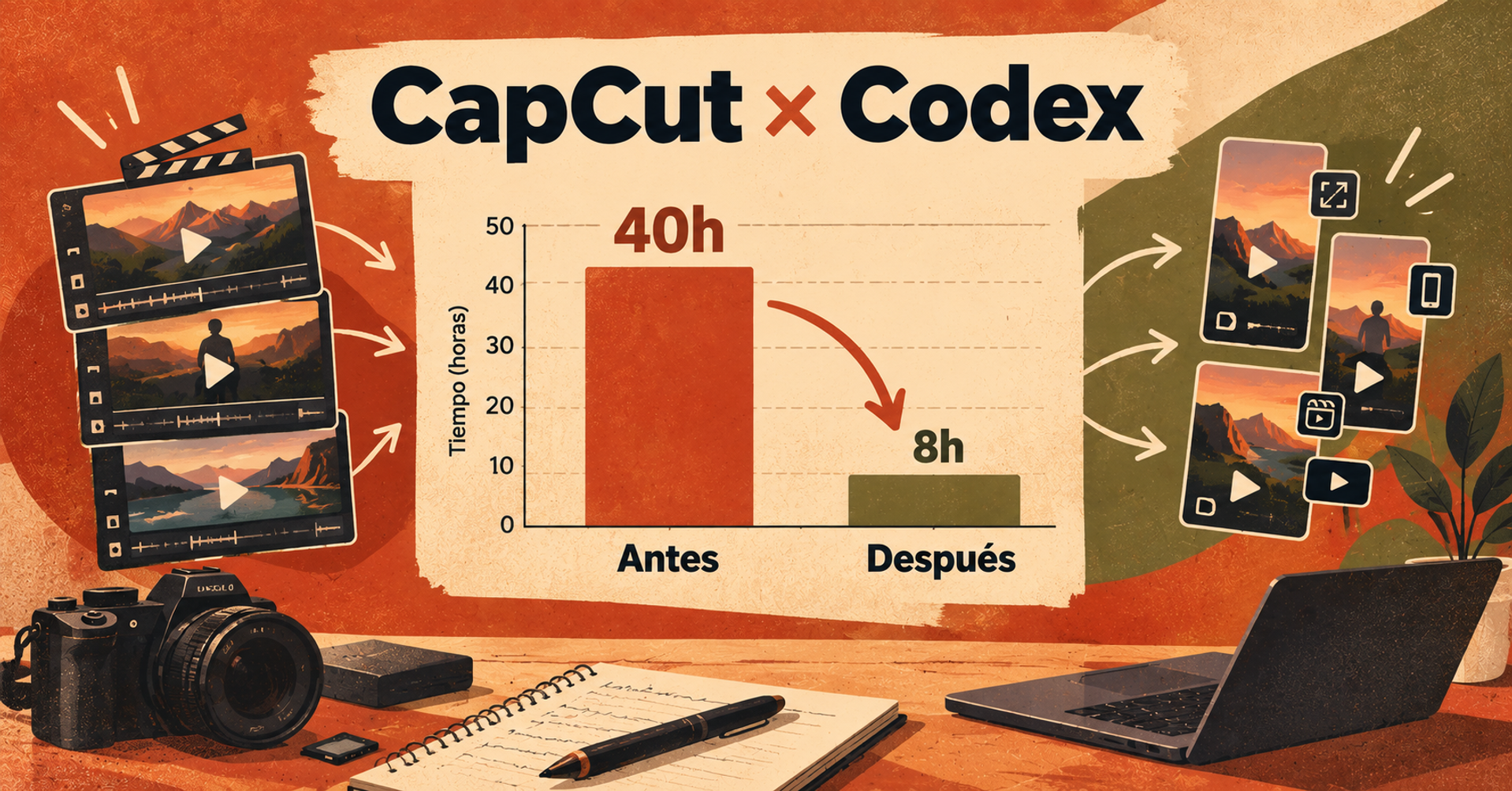 Comparación del tiempo de edición antes y después de CapCut y Codex, mostrando una reducción significativa.