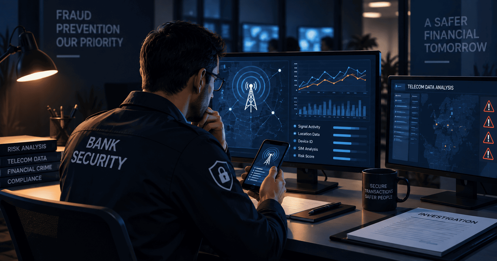 Analista de seguridad bancaria monitoreando datos de telecomunicaciones para detectar posibles fraudes.
