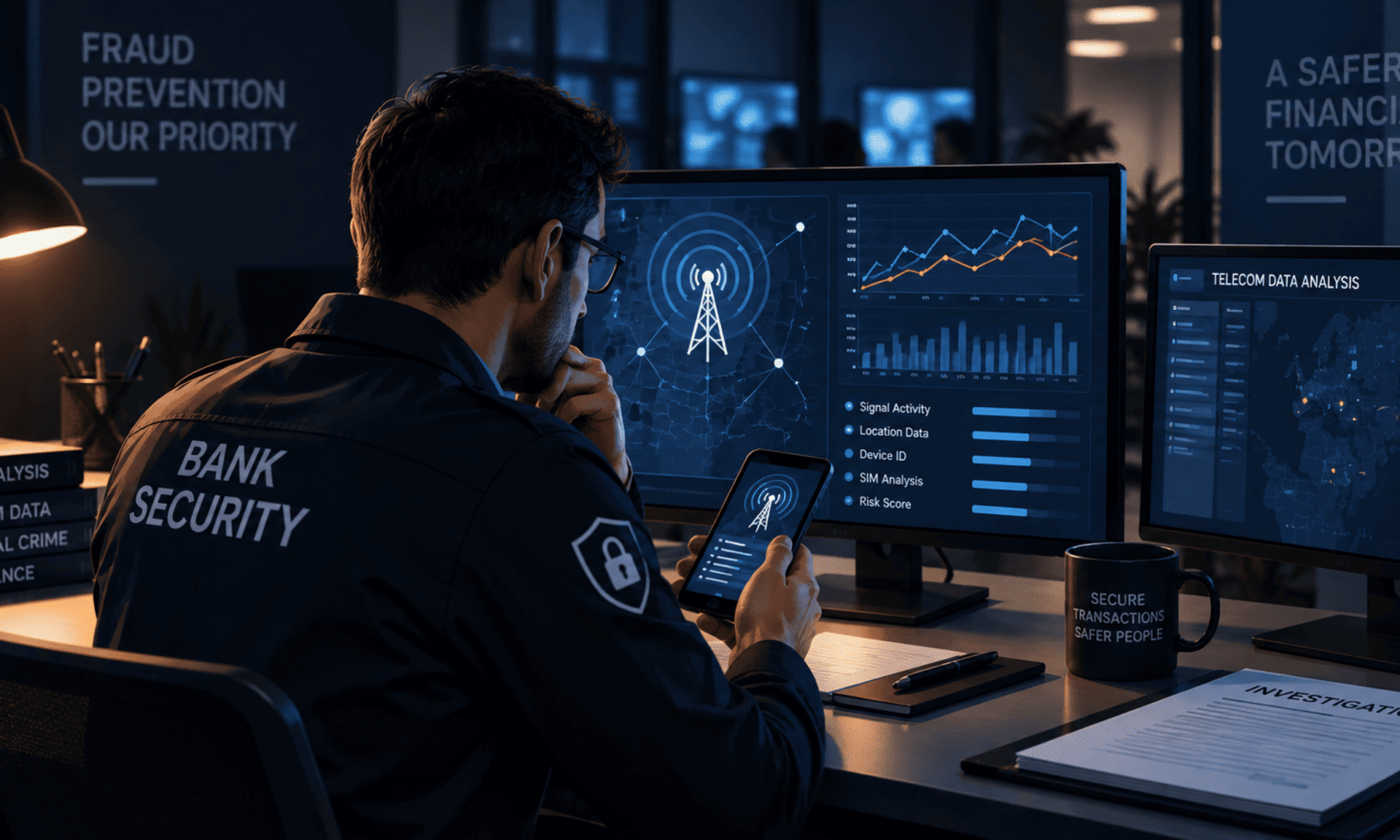 Analista de seguridad bancaria monitoreando datos de telecomunicaciones para detectar posibles fraudes.