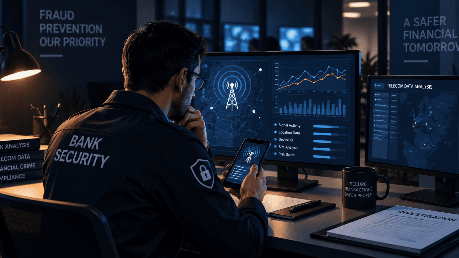 Analista de seguridad bancaria monitoreando datos de telecomunicaciones para detectar posibles fraudes.