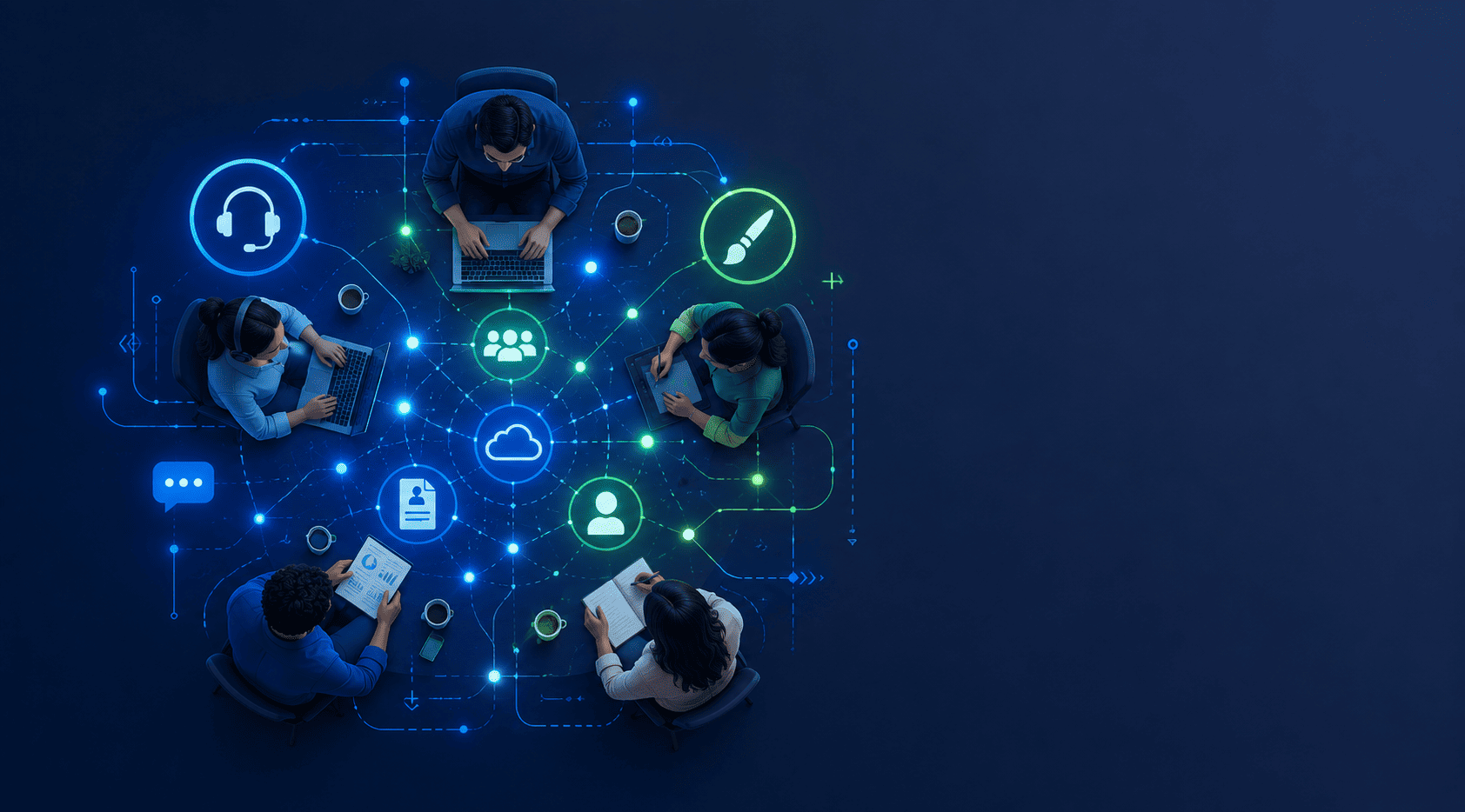 Profesionales conectados por una red digital con iconos de atención, diseño y recursos humanos.