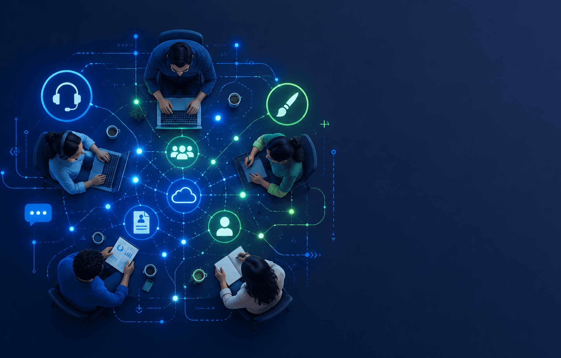 Profesionales conectados por una red digital con iconos de atención, diseño y recursos humanos.