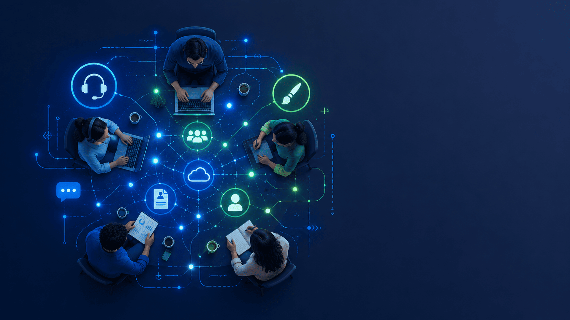 Profesionales conectados por una red digital con iconos de atención, diseño y recursos humanos.