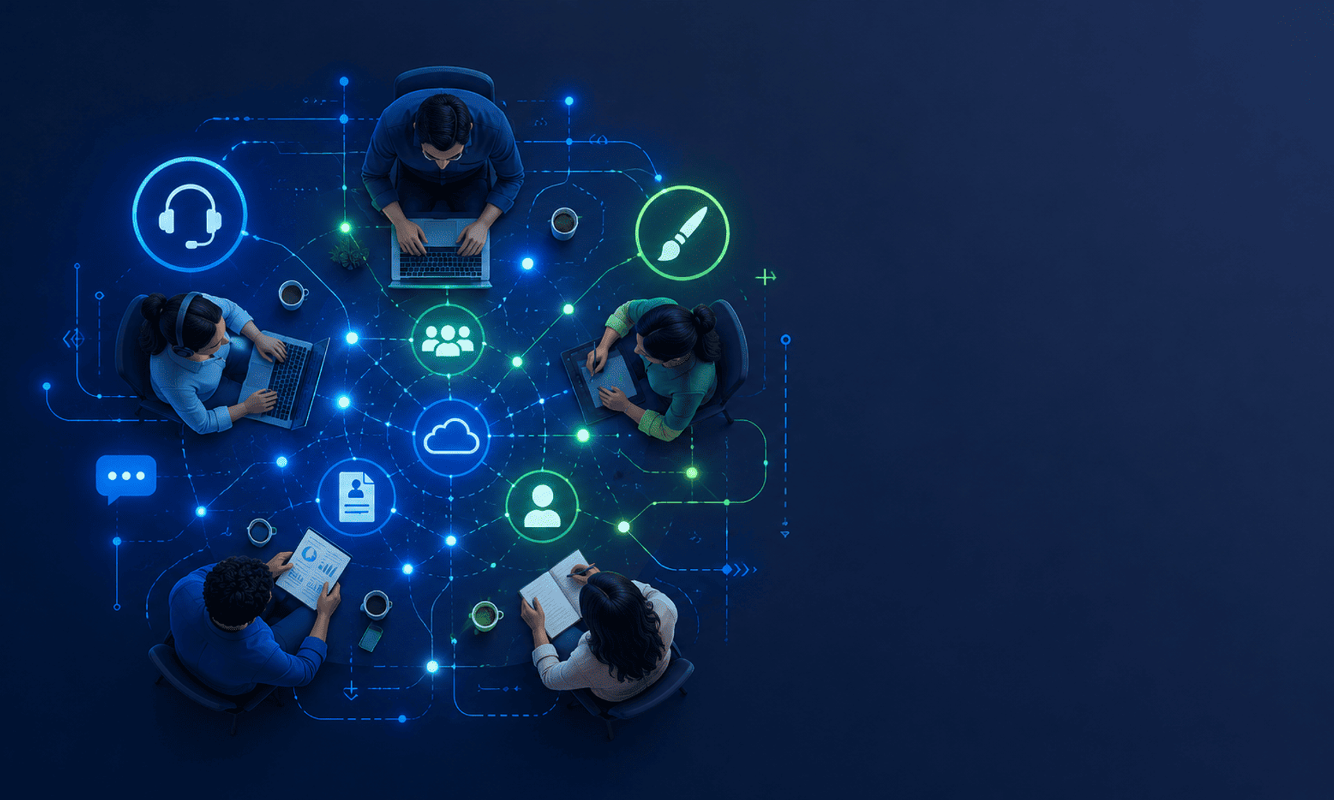 Profesionales conectados por una red digital con iconos de atención, diseño y recursos humanos.
