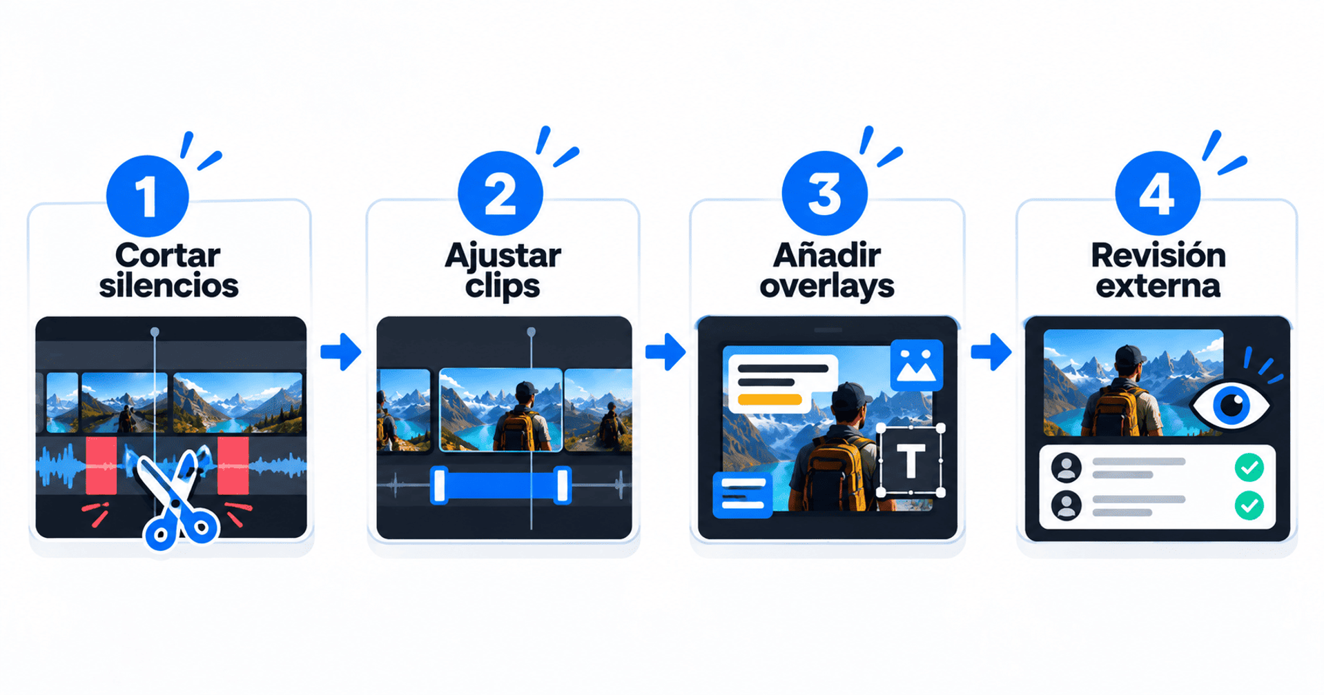 Flujo de edición en cuatro pasos: cortar silencios, ajustar clips, añadir overlays y revisión externa.