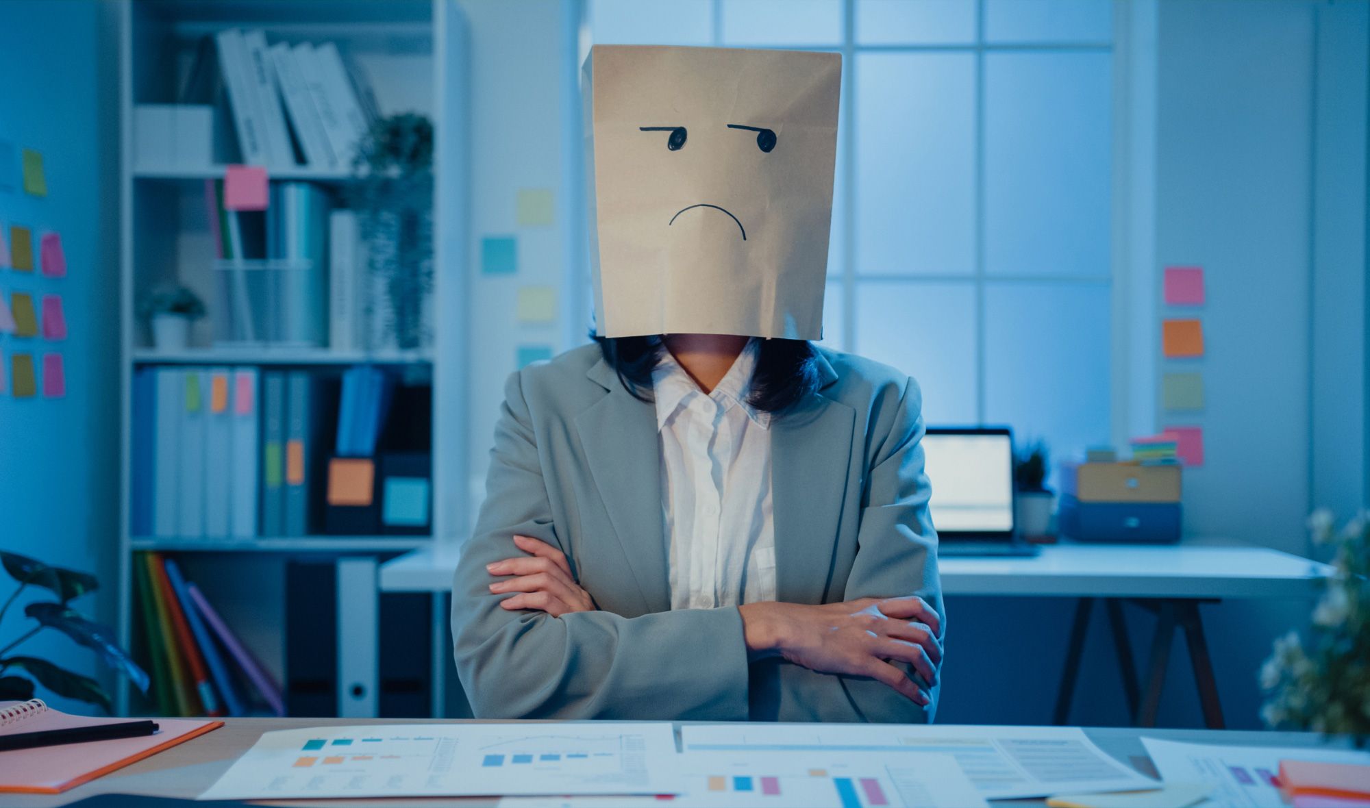 someone who can't stand working - woman has a paper bag on her head, she doesn't like her job
