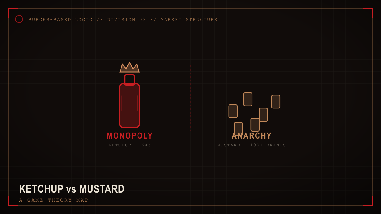 Market-structure schematic: ketchup monopoly versus mustard anarchy.
