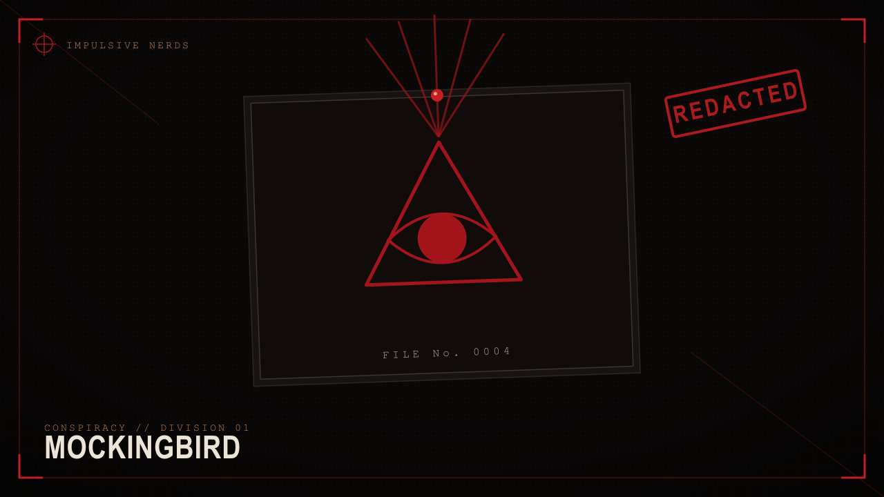 Operation Mockingbird redacted evidence card with all-seeing-eye motif.