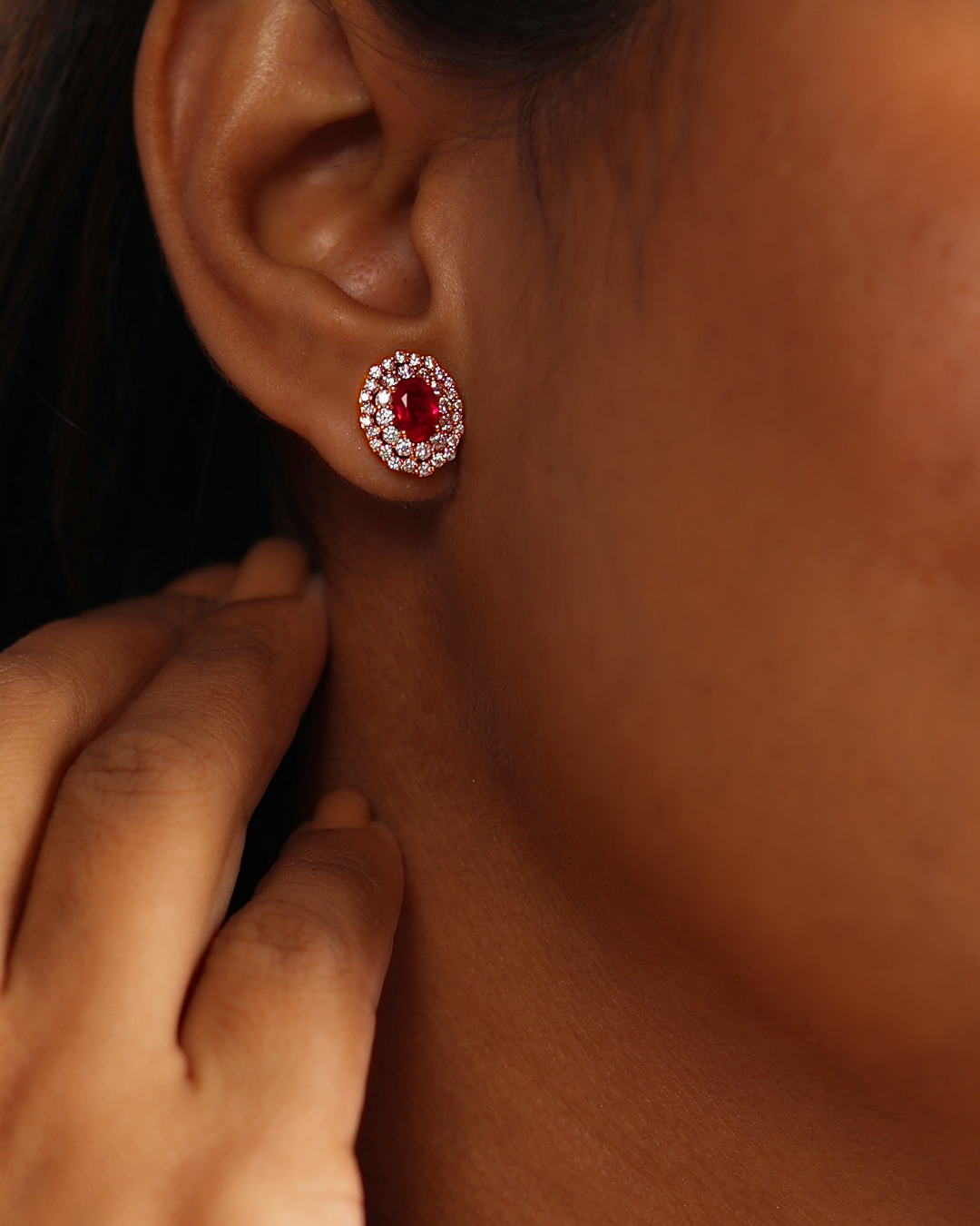 Scalloped Ruby & Diamond Halo Studs - view 1