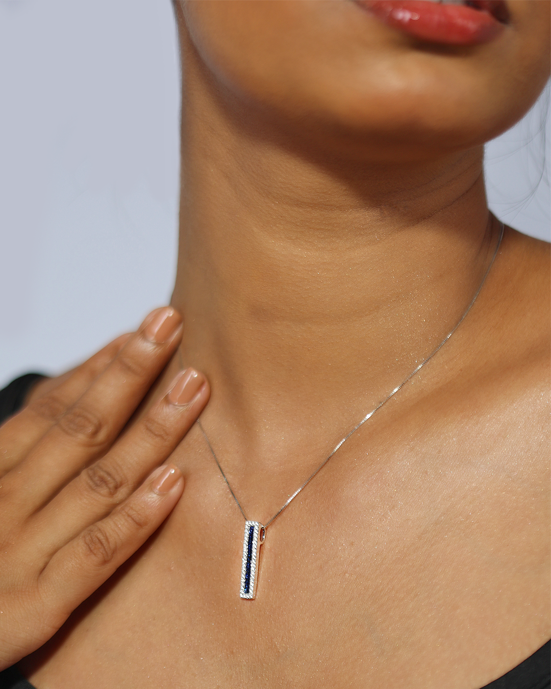 Vertical Royal Sapphire & Diamond Bar Pendant - view 1