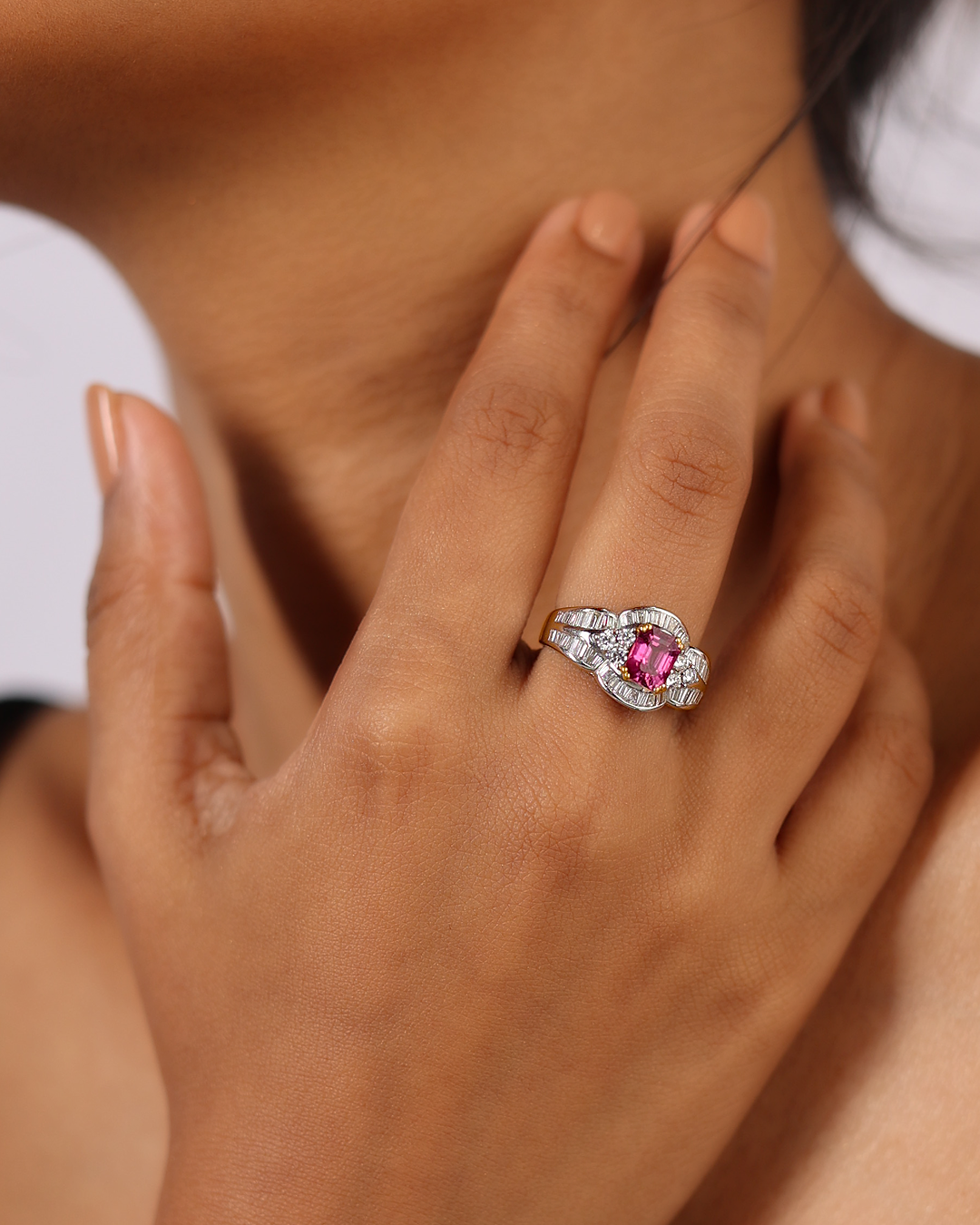 Hot Pink Sapphire & Baguette Diamond Ring