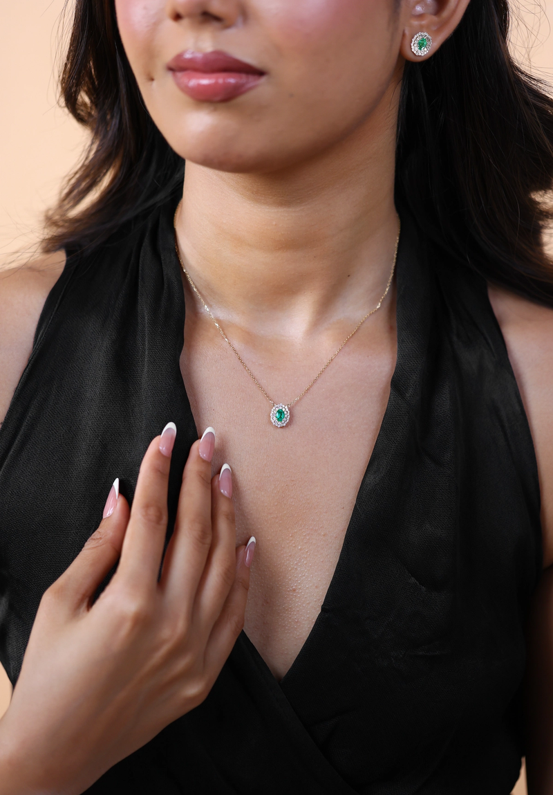 Double Halo Emerald Pendant Necklace