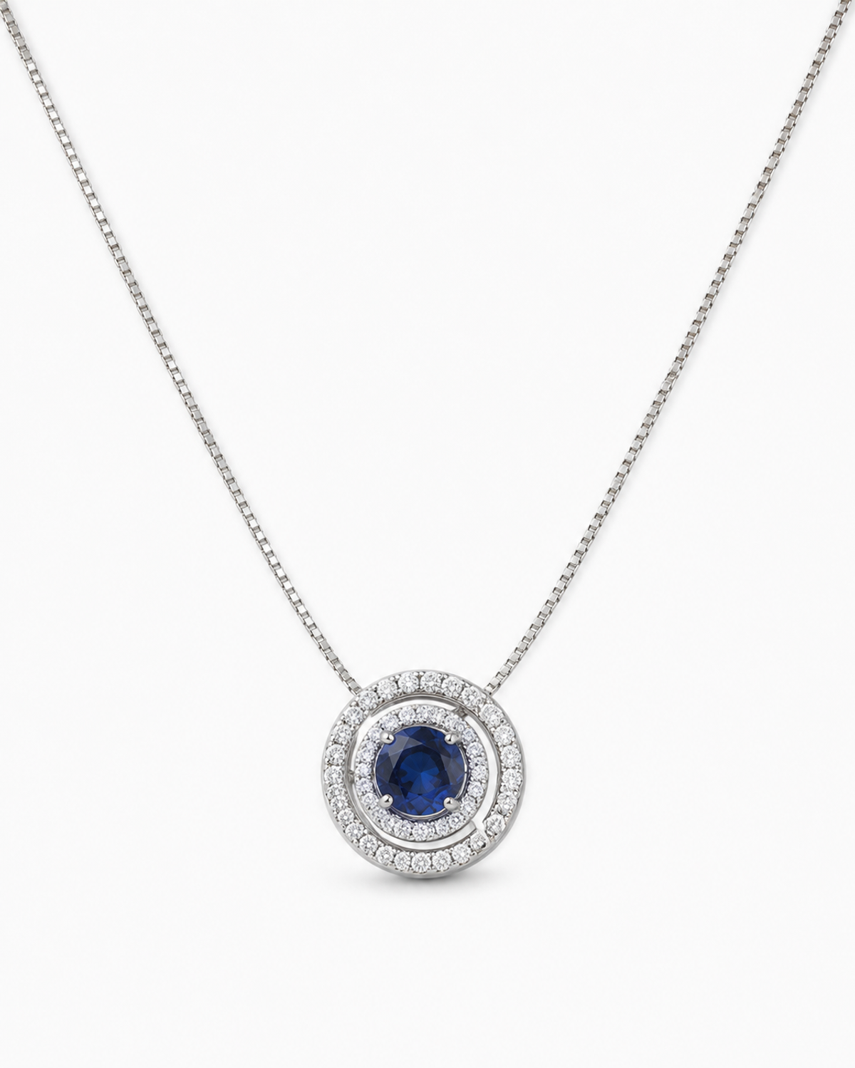 Double Halo Royal Blue Sapphire Pendant - view 2