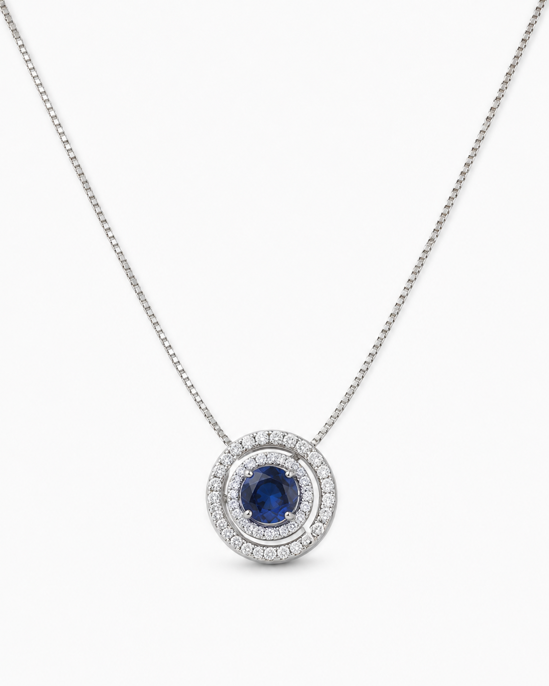 Double Halo Royal Blue Sapphire Pendant - view 2
