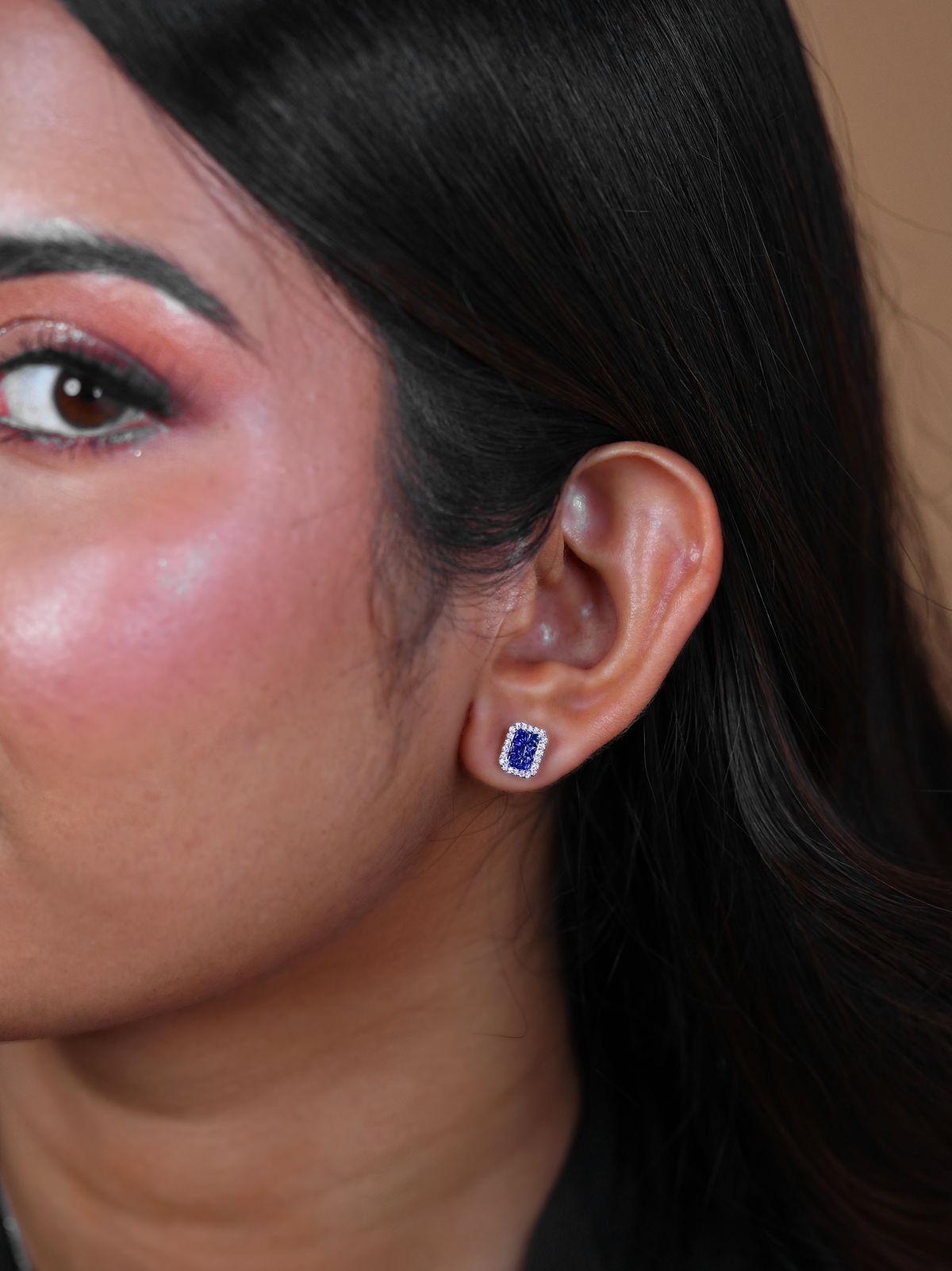 Royal Blue Sapphire Illusion Halo Studs - view 1