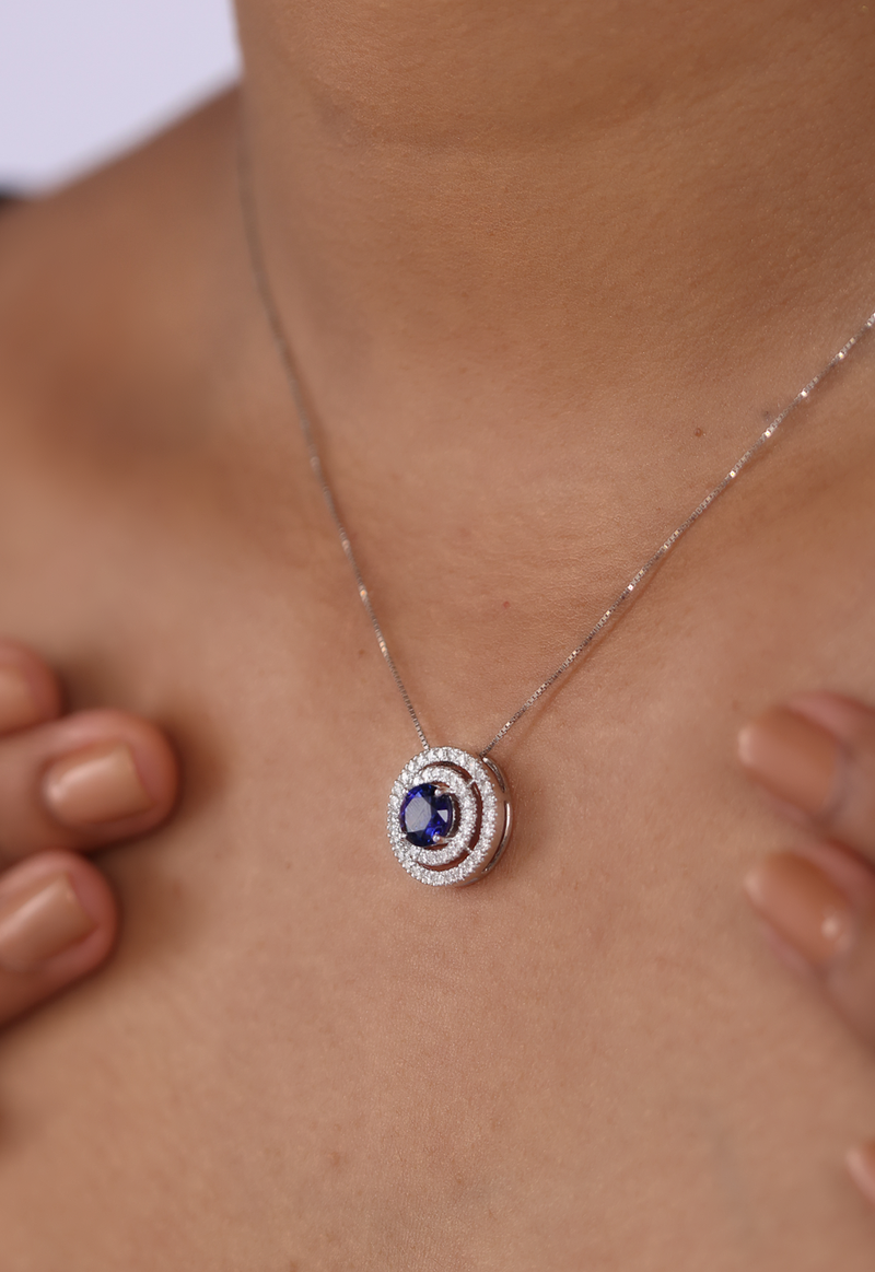 Double Halo Royal Blue Sapphire Pendant