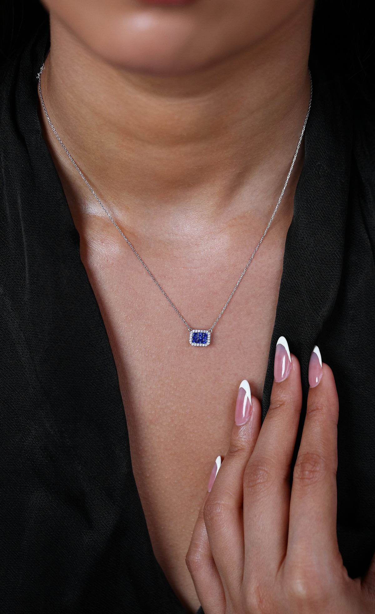 Horizontal Sapphire Halo Pendant Necklace - view 1