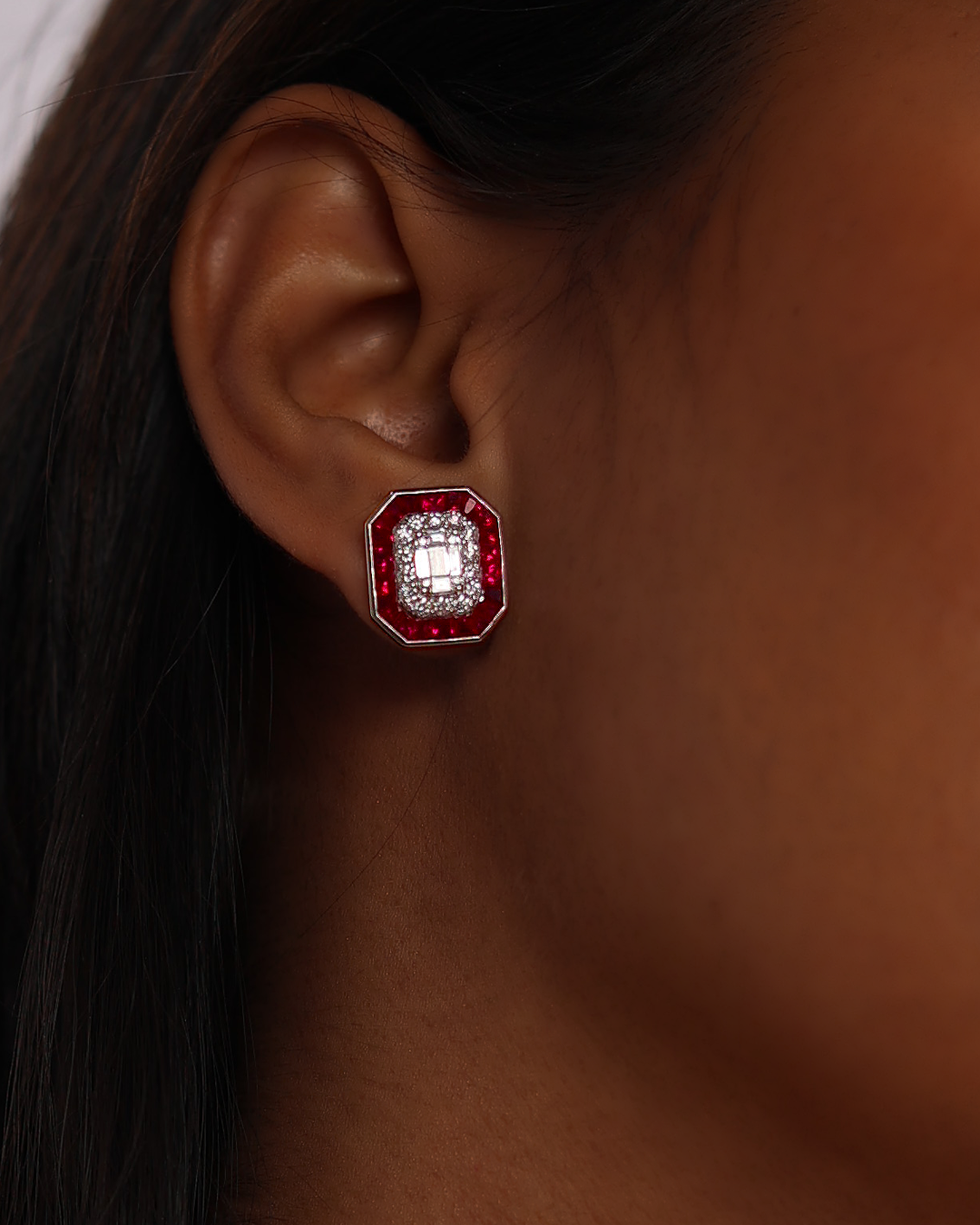 Octagonal Ruby & Diamond Earrings - view 1