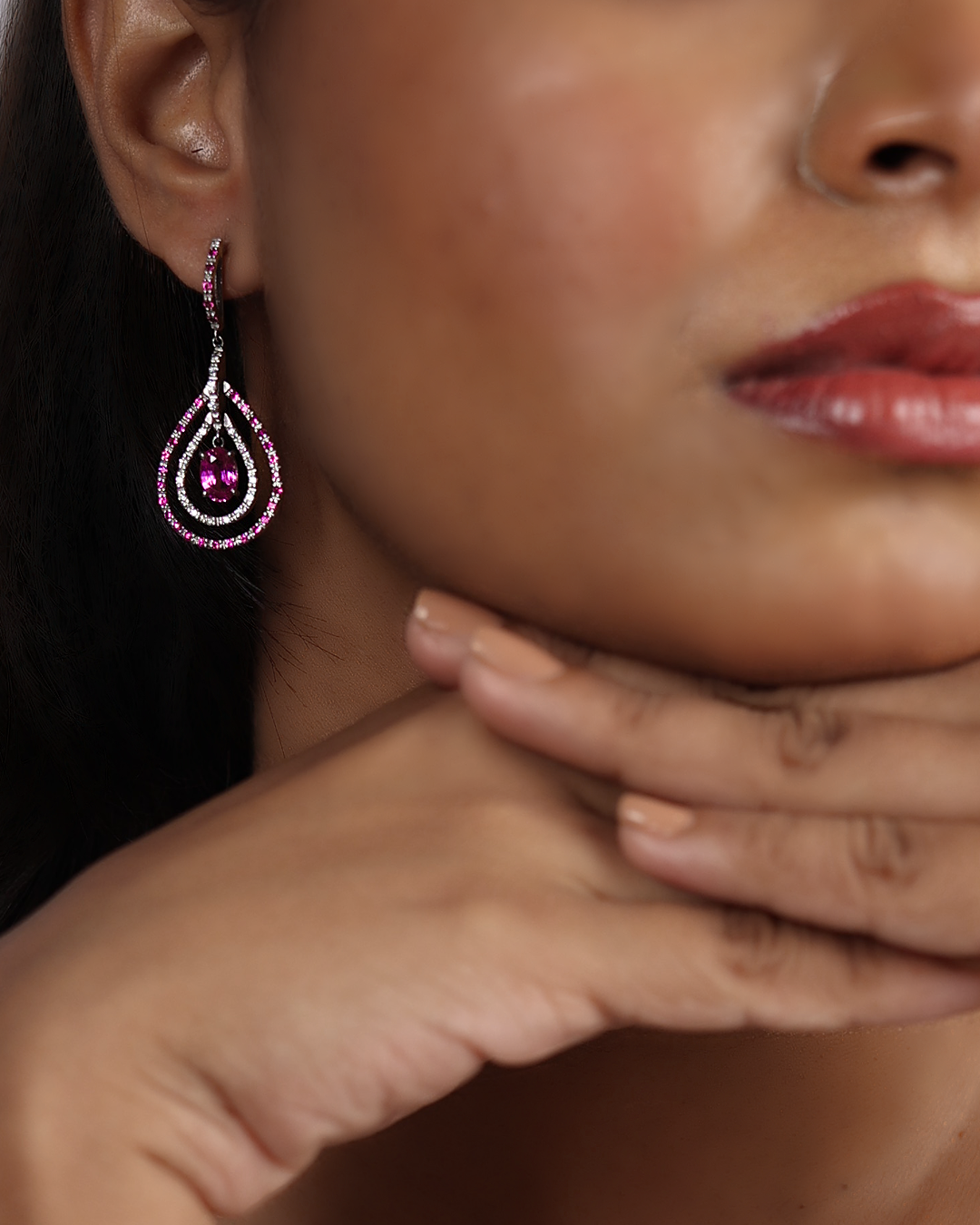 Oval Pink Sapphire Double Teardrop Earrings - view 1