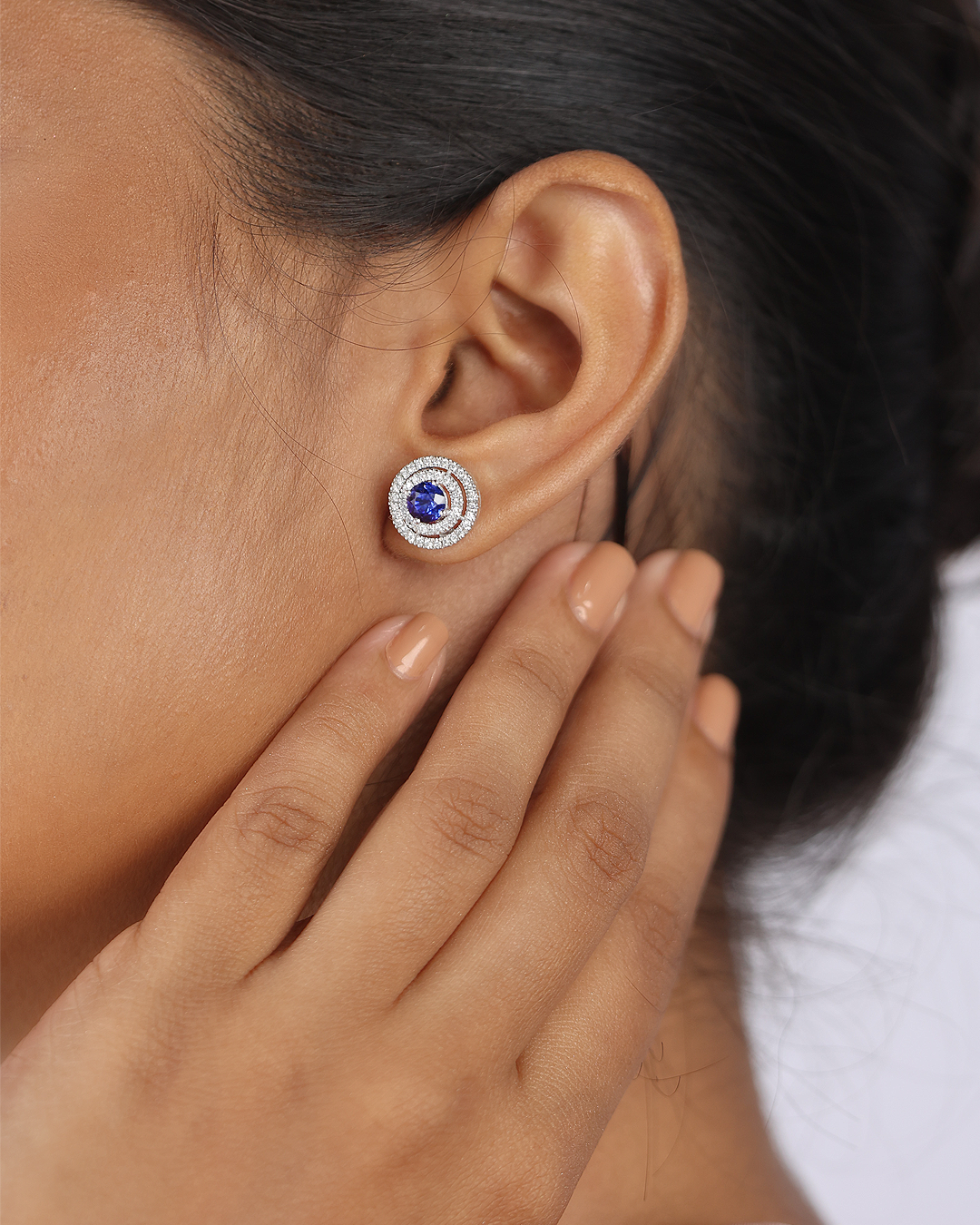 Concentric Double Halo Royal Blue Sapphire Earrings