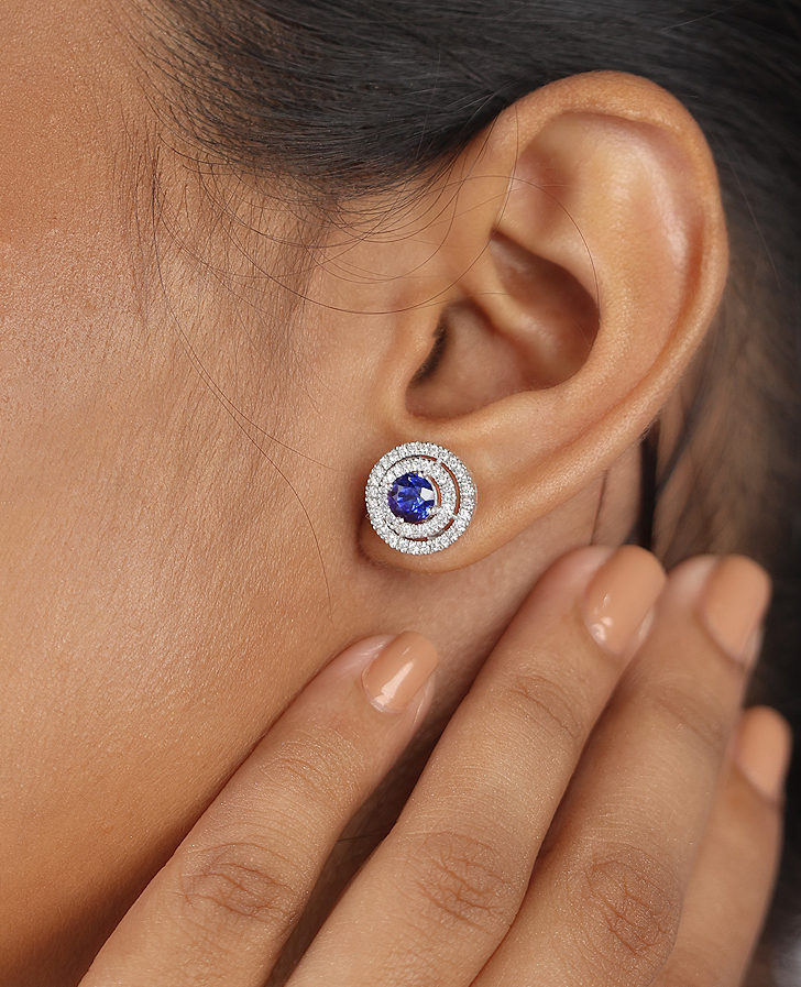 Double Halo Royal Blue Sapphire Studs