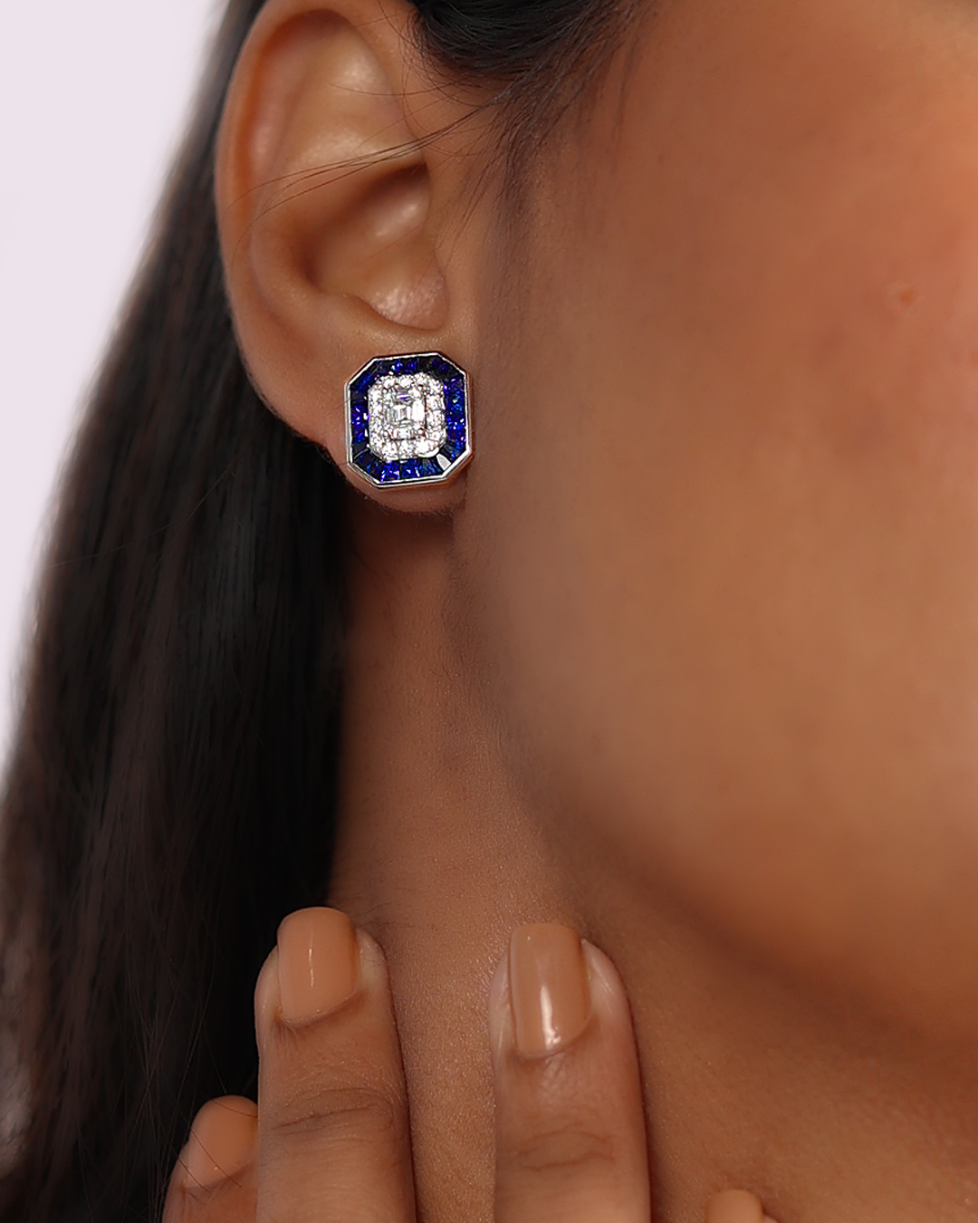 Octagonal Royal Blue Sapphire & Diamond Earrings - view 1