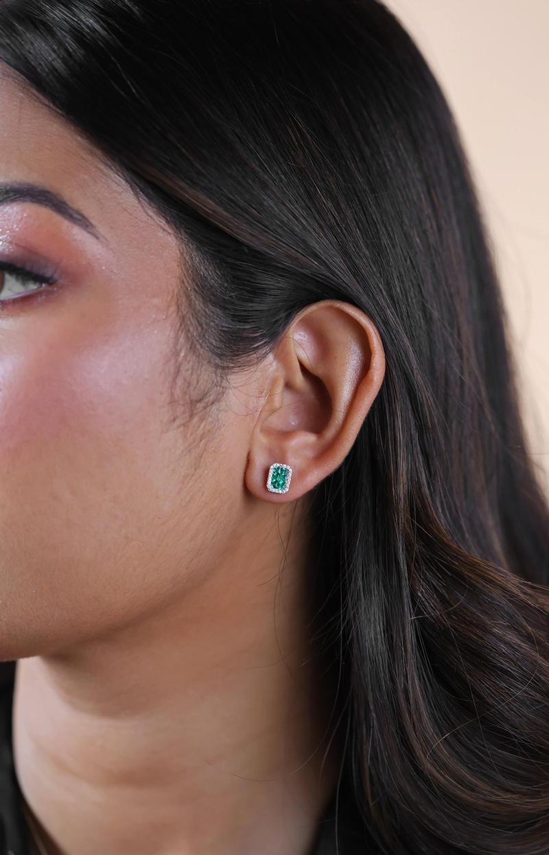 Emerald & Diamond Halo Studs