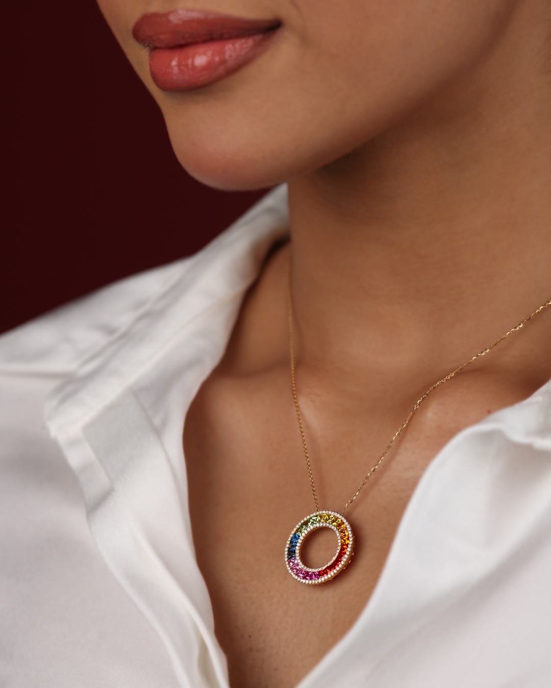 Rainbow Sapphire Open Circle Halo Pendant - view 1