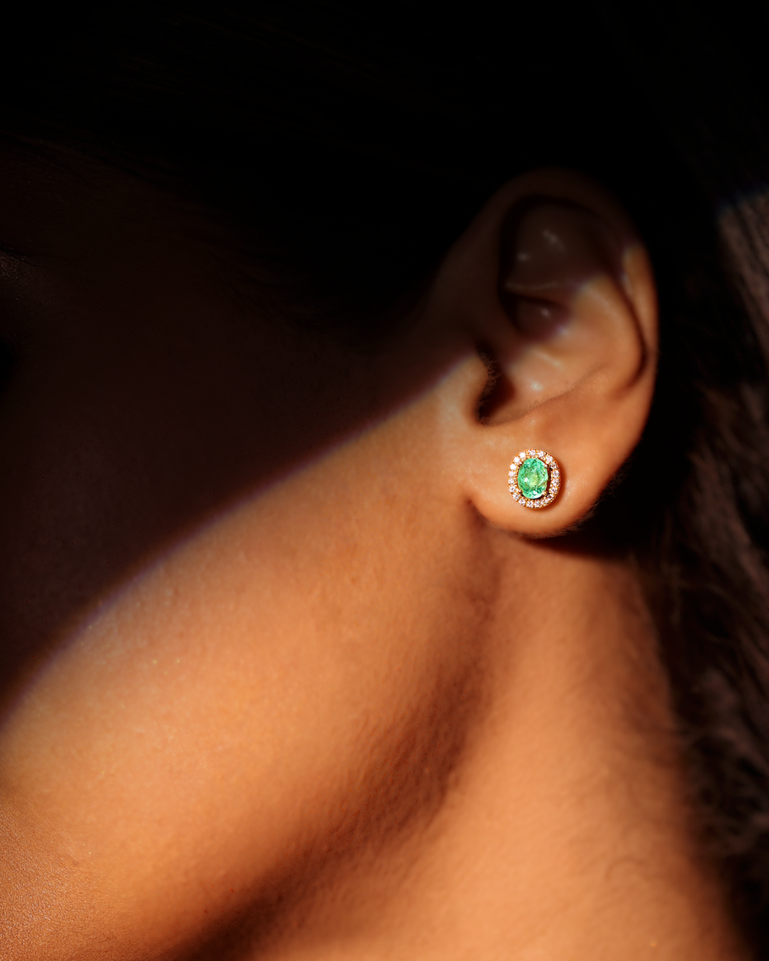 Oval Emerald & Diamond Halo Studs - view 1