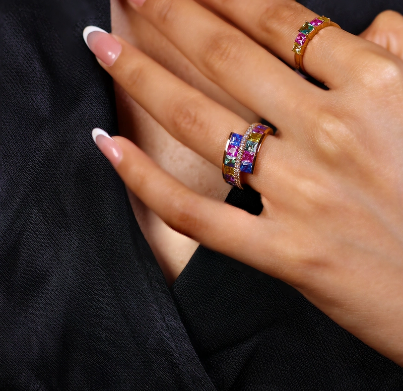 Multicolor Sapphire & Diamond Crossover Ring