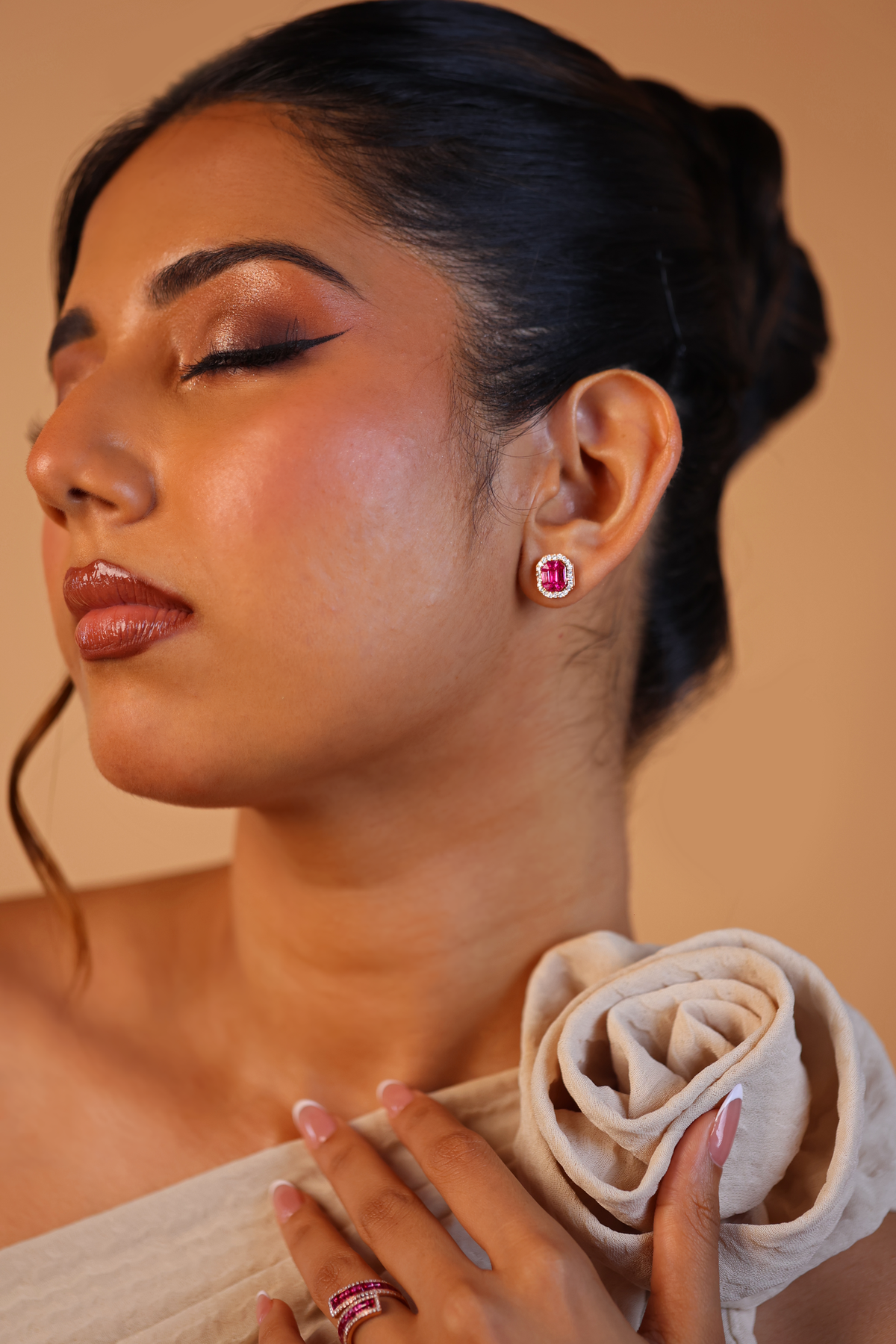 Pink Sapphire Cushion Halo Studs - view 1