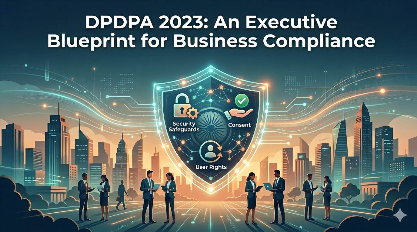 An Image depicting executives trying to understand the new DPDPA 2023 act with the title of DPDPA 2023: An executive blueprint for business compliance