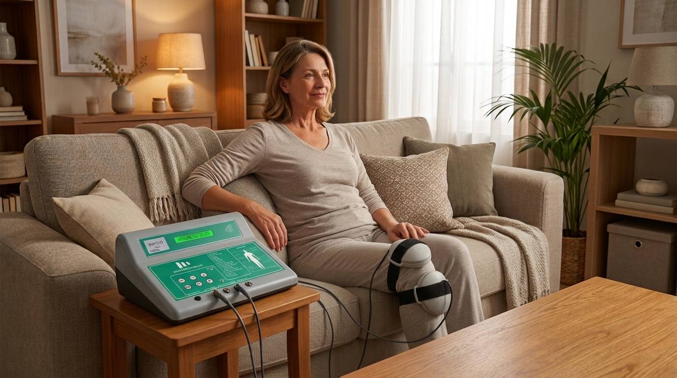 Persona mayor haciéndose una sesión de magnetoterapia en la rodilla en casa, de forma segura