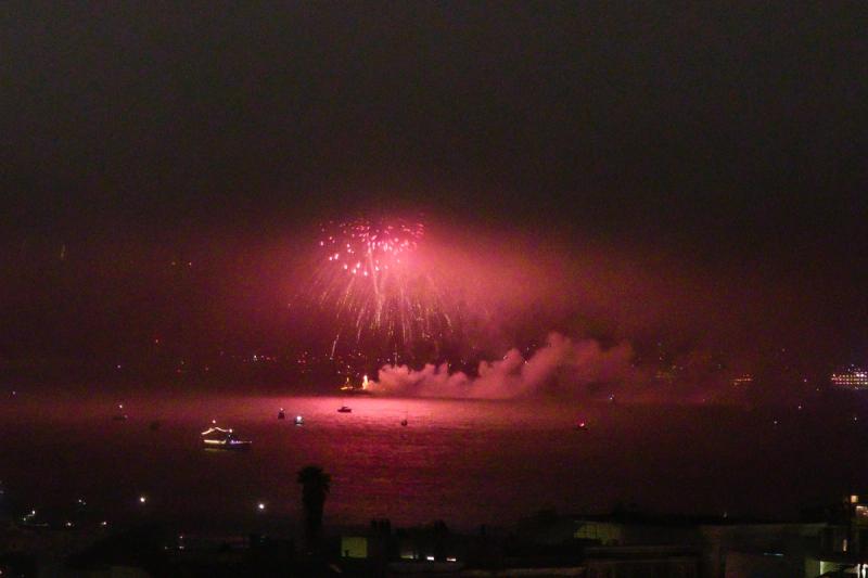 Ridiculous fireworks show from GG Bridge on foggy 4th
