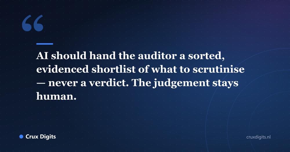 Pull quote: AI should hand the auditor a sorted, evidenced shortlist of what to scrutinise — never a verdict. The judgement stays human. - Crux Digits